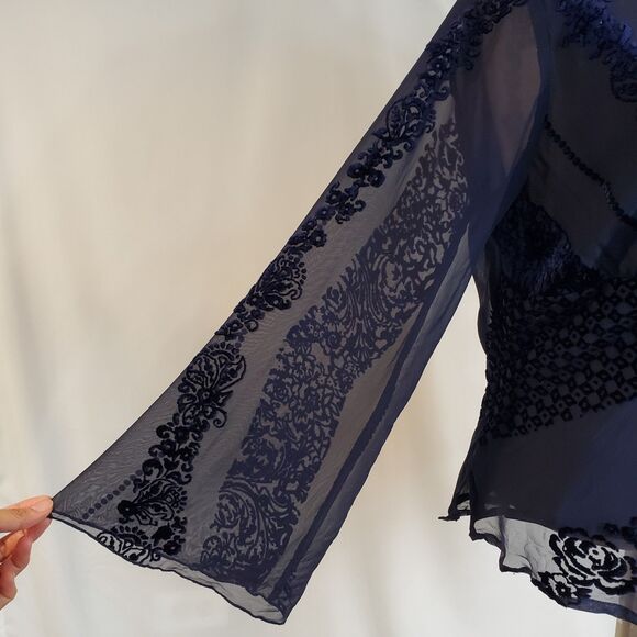 Y2K Silk Blend Burnout Velvet Babydoll Top Flared Sleeve Whimsigoth Fairy Grunge - Picture 5 of 12